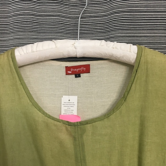 Dragonfly Short Sleeve Cotton Dress with Overlay in Green & Cream Size Large - Picture 3 of 12